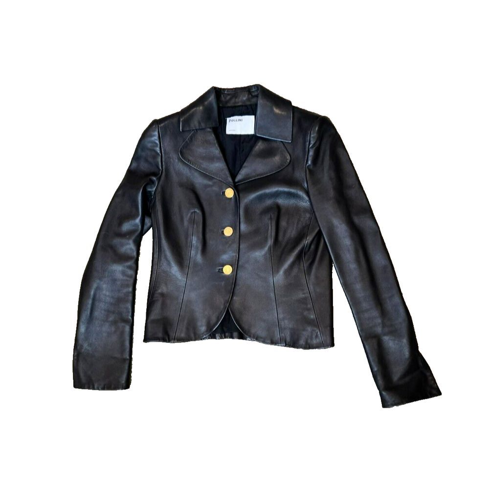 Pollini Women's Size 12 100% Sheepskin‎ Leather Jacket Collared Buttoned ITALY